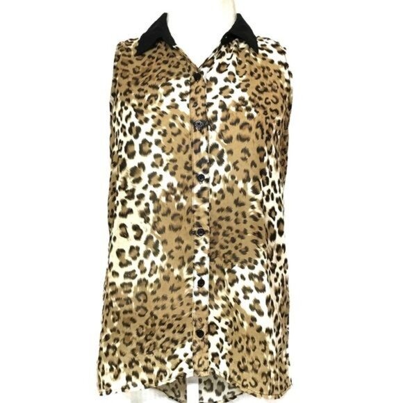 Hi Low Sheer Button Front Wing Tip Collar Top Large - Picture 2 of 8